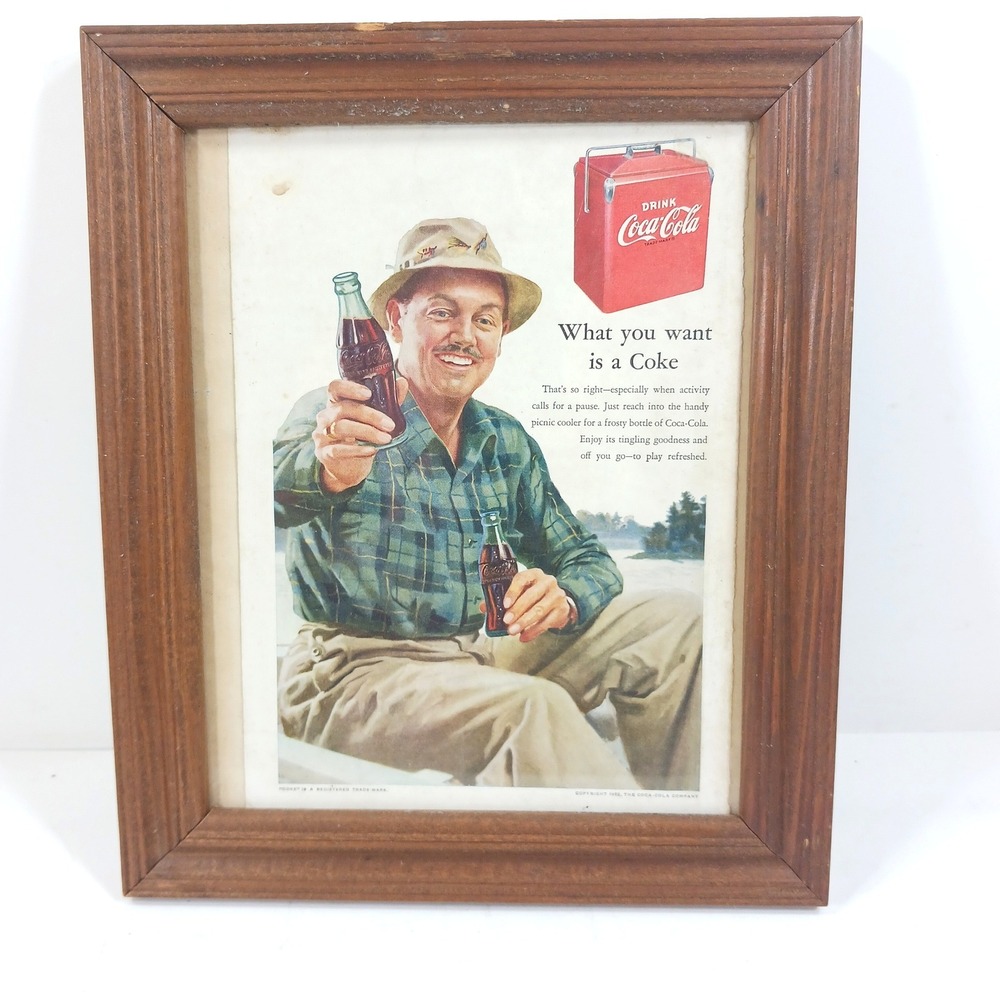 Vintage 1952 Coca-Cola Framed Magazine Ad Picnic Cooler Man Fishing Wood Frame